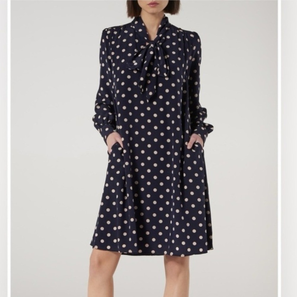 L.K. Bennett DR Evia Dress Womens 14 Blue Polka Dot Bow Silk Blend NWT